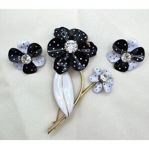 Vintage Avon Spectator Polka Dot Black White Brooch & Earrings Jewelry Set Cute